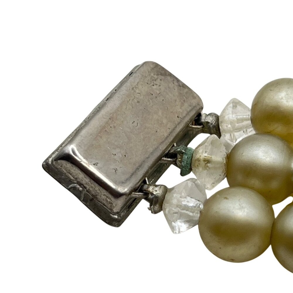 Vintage Faux Pearl Green Crystal Bracelet Rhinestone Box Clasp MCM 1940s-1950s - Picture 10 of 12